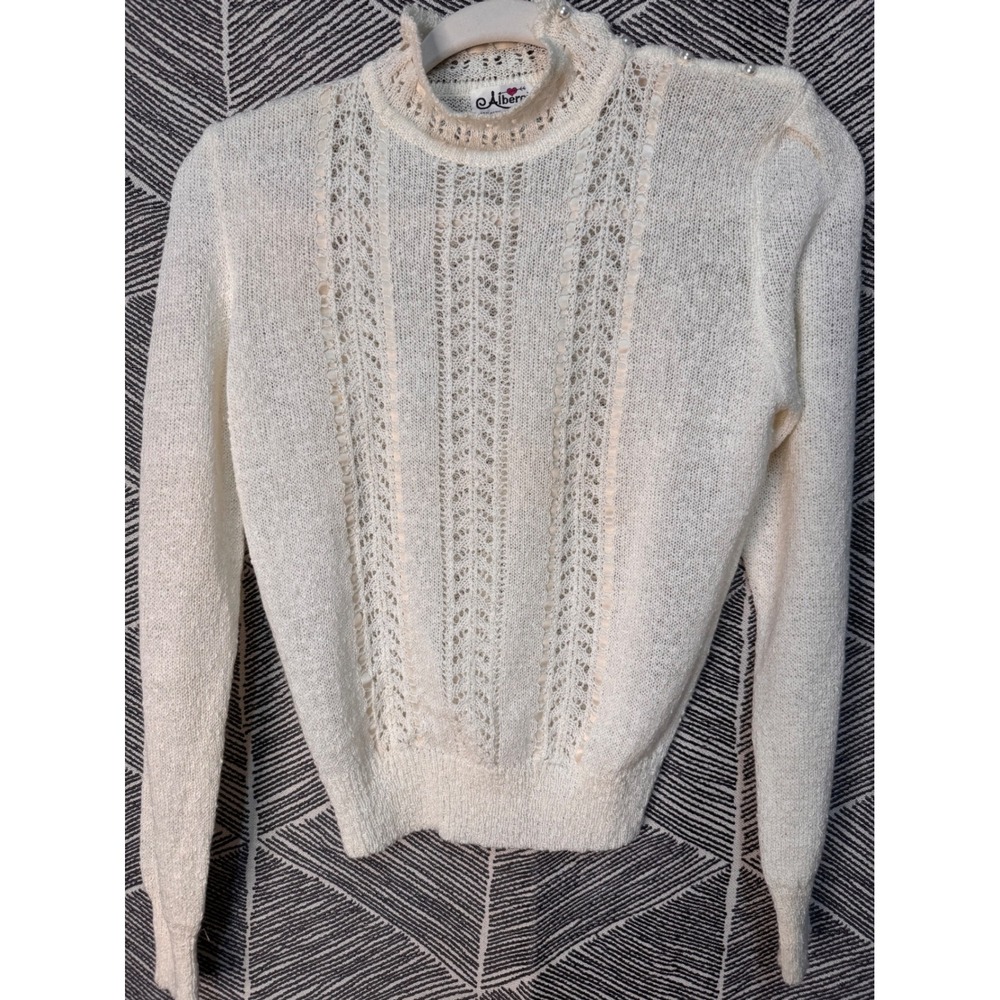 Vintage 70's  Cottage core Cream Lace Bohemian‎ Sweater Pearl Button Detail Sz M